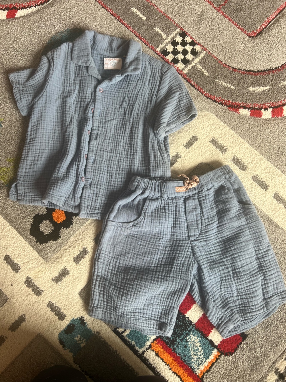 Light Blue Linen Kids Short Sleeve Button Up and Shorts Set - size 4T